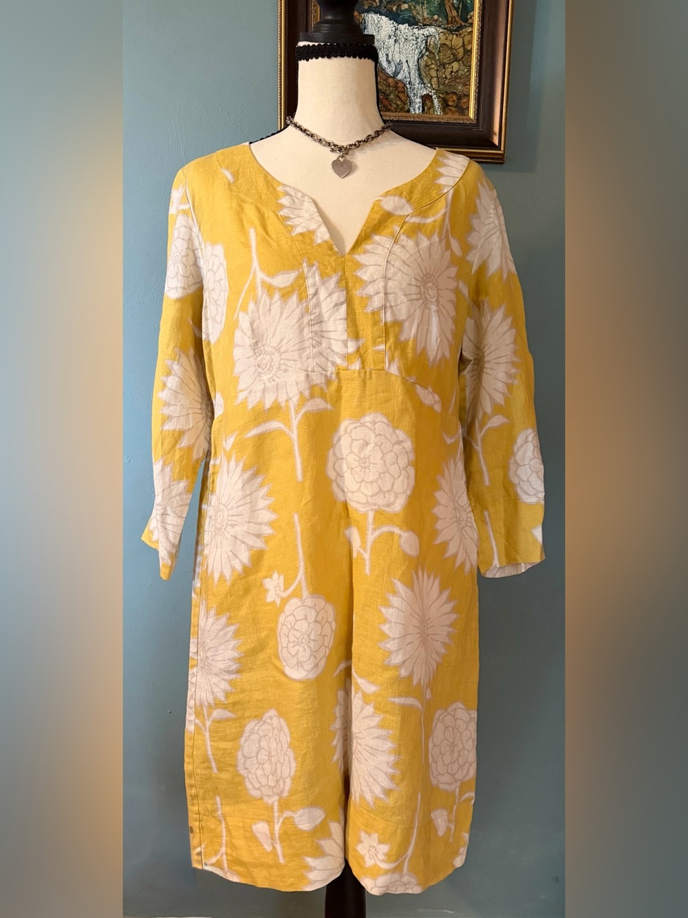 Boden Yellow Floral Sunflower 100% Linen Tunic Shift Dress Sz 14